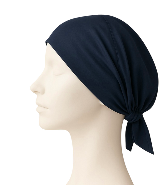 Tie back hijab cap with low quality fabric – uncomfortable fit and limited hair protection